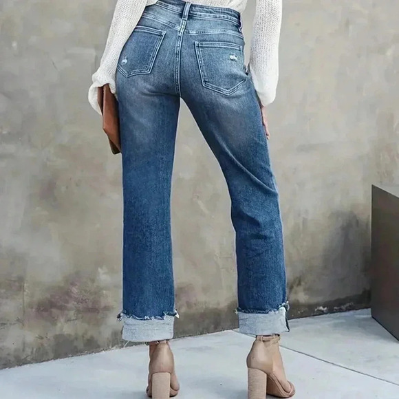 Blue Casual Women's High Waist Raw Cut Straight Leg Jeans - Picture 2 of 3